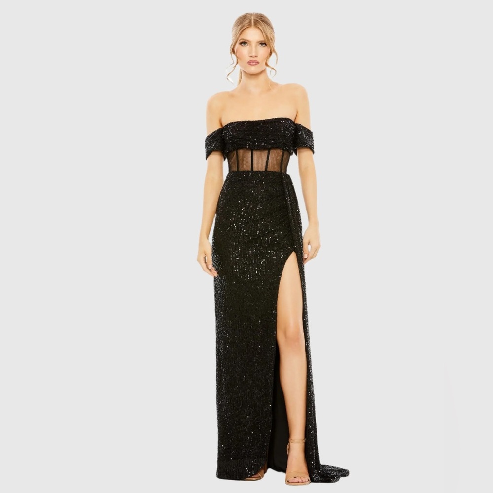 Mac Duggal NEW Black Off-the-Shoulder Sequined Corset Gown with Slit NWT Size 6